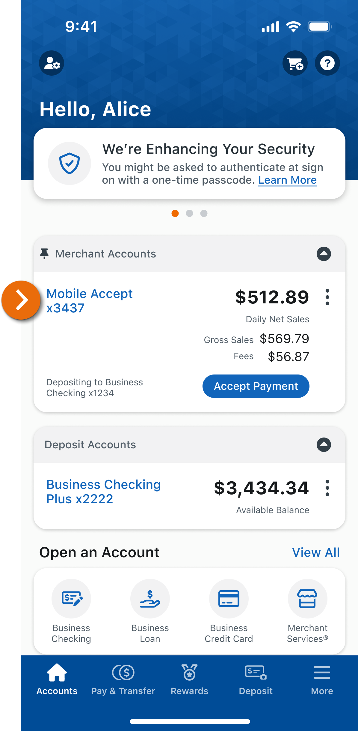 Image of the Business Checking main account view in the PNC Mobile App. 