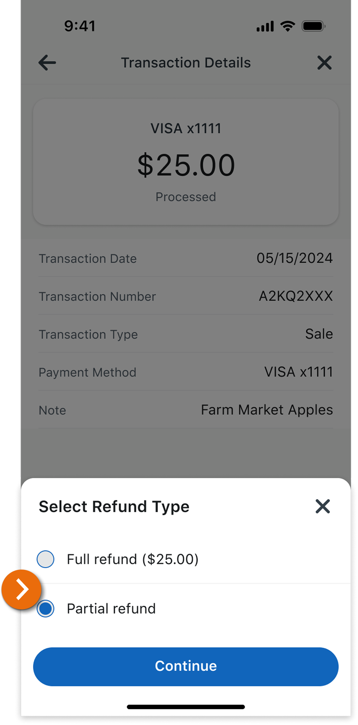 Image of the Refund Transaction view in the PNC Mobile App with the pop-up modal to refund a transaction displayed. 