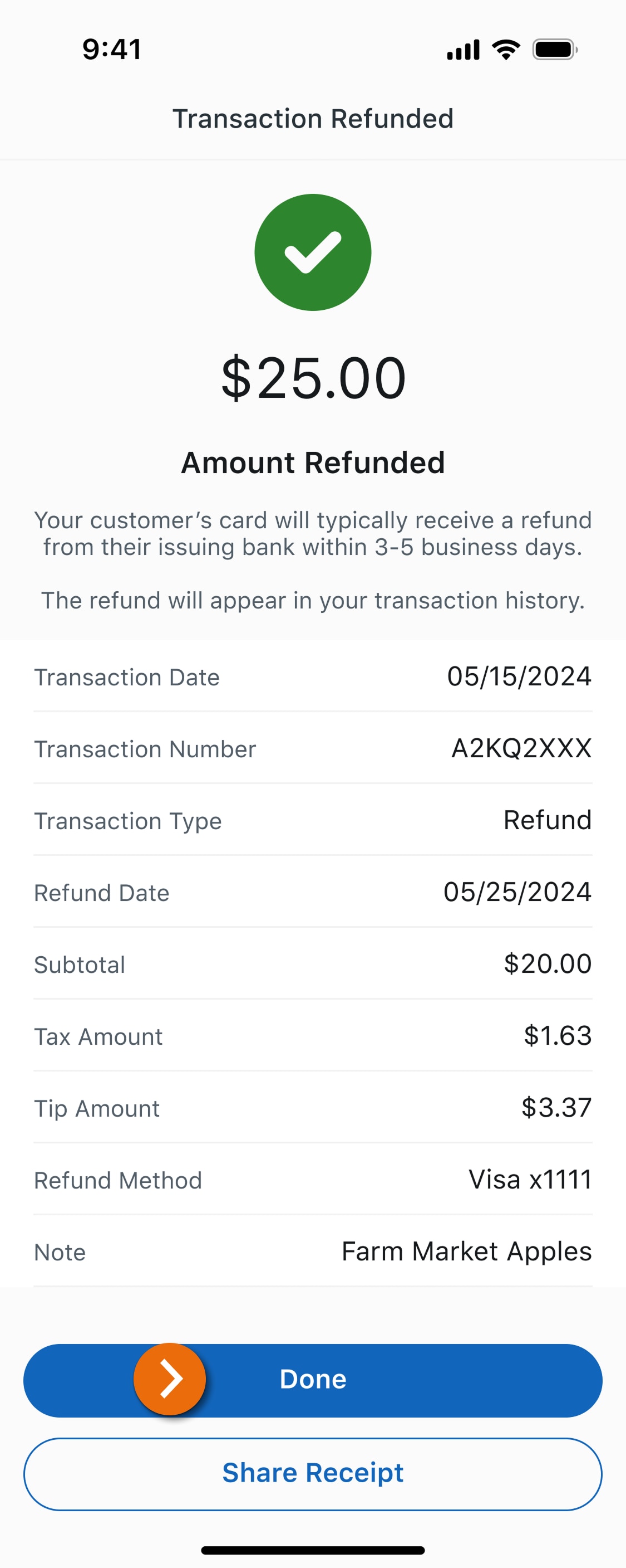 Image of the Transaction Refunded view in the PNC Mobile App. 