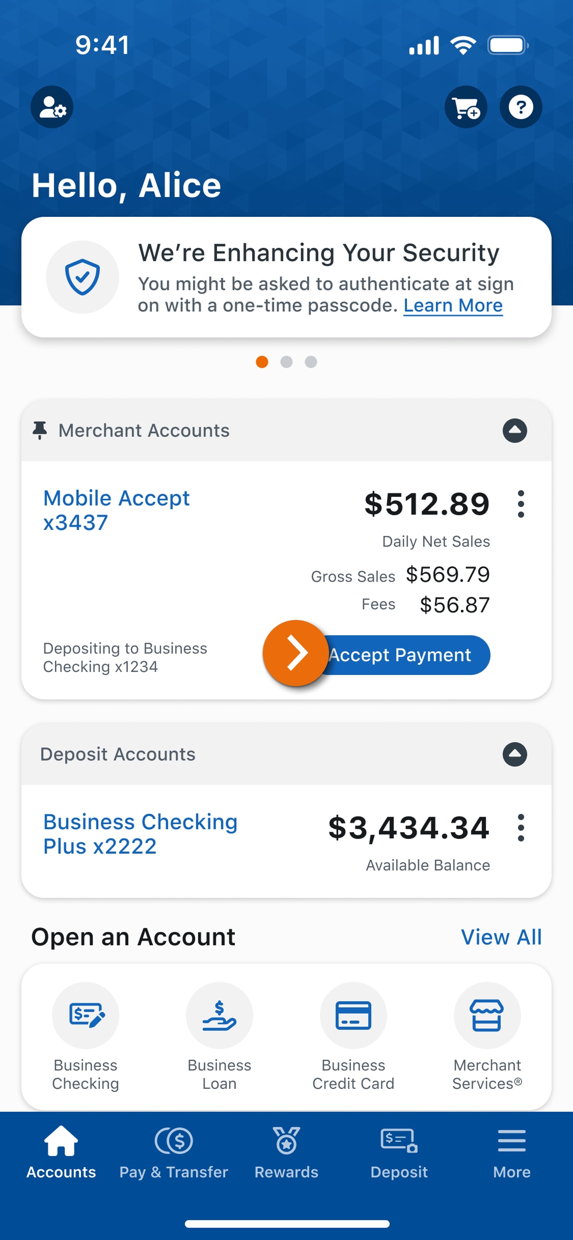 Image of the Business Checking main account view in the PNC Mobile App.