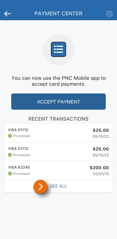 Image of the Payments Center view in the PNC Mobile App. 