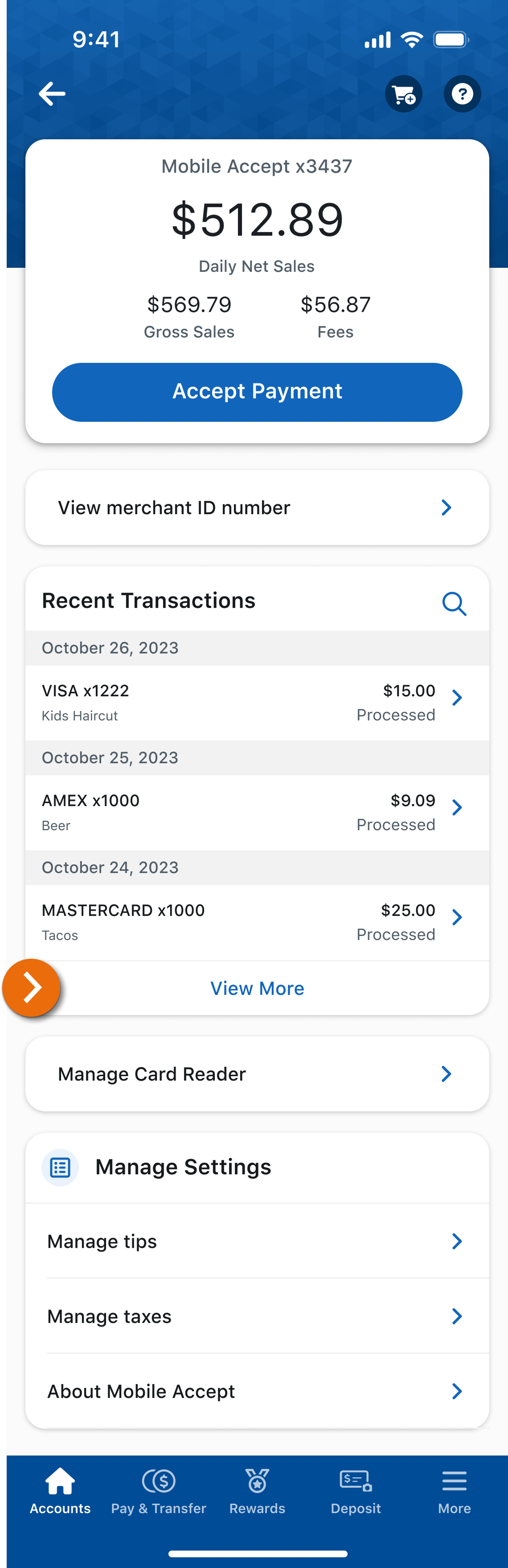 Image of the Payments Center view in the PNC Mobile App. 