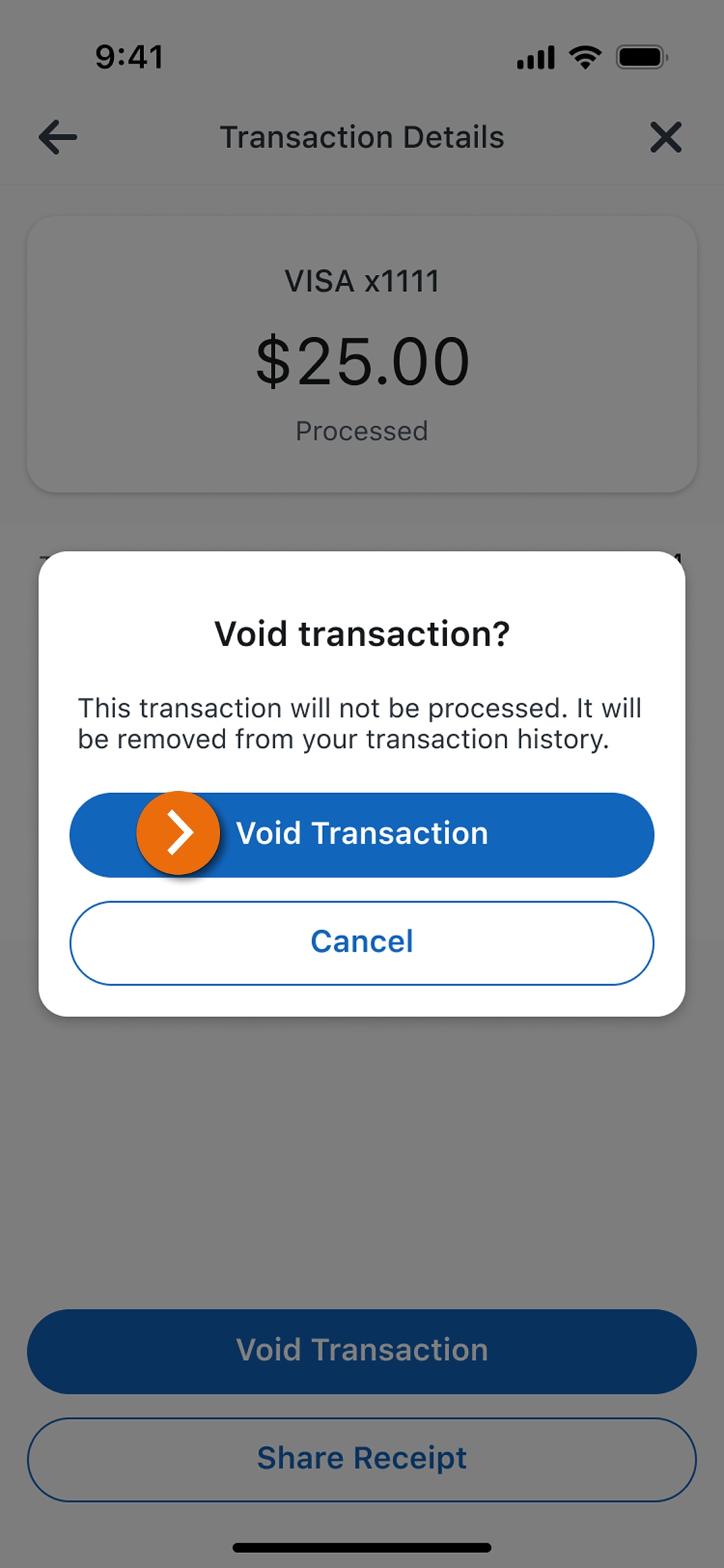 Image of the Void Transaction view in the PNC Mobile App with a pop-up modal to confirm the voided transaction