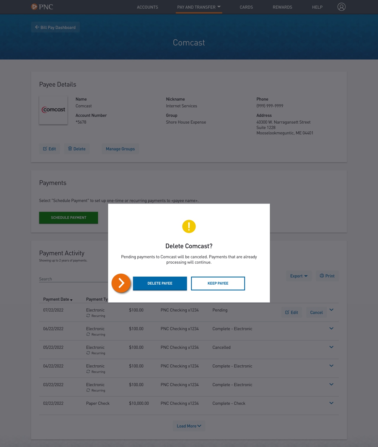  Screenshot of the pop-up window confirming that the customer wants to delete the payee.​