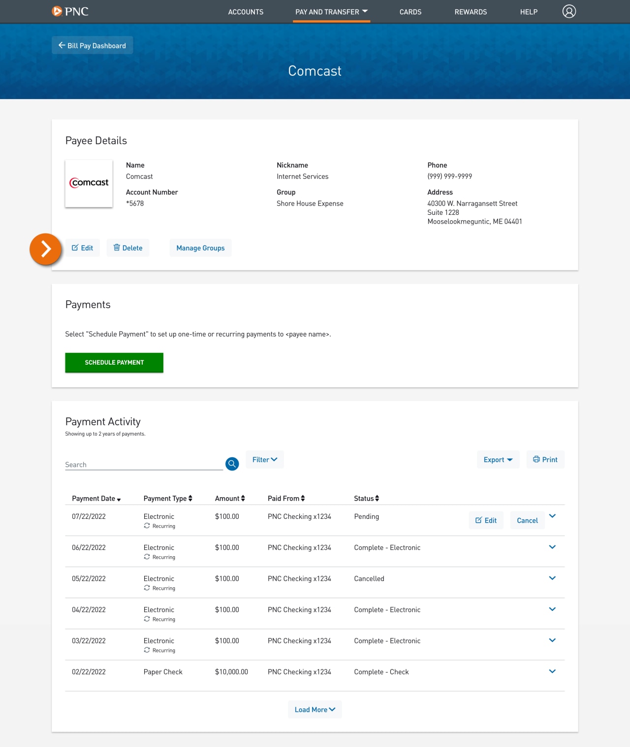 Screenshot of the Comcast page within Bill Pay.​