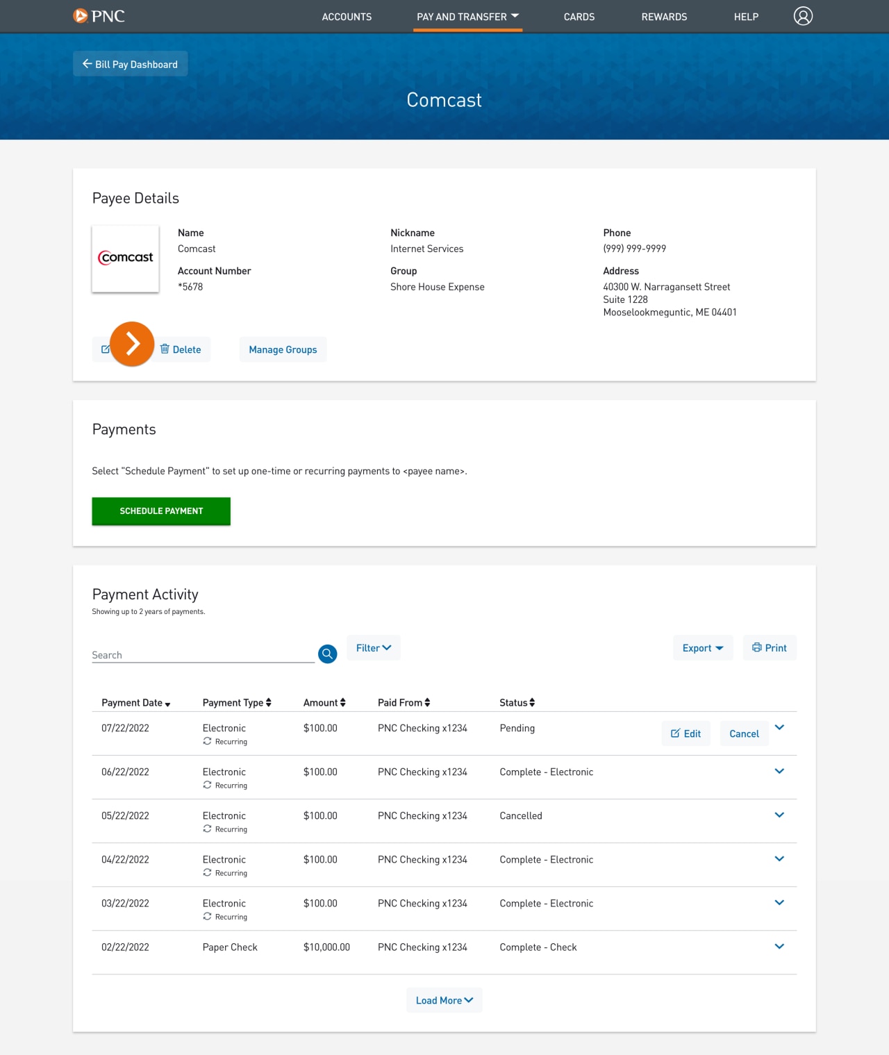 Screenshot of the Comcast page within Bill Pay.​
