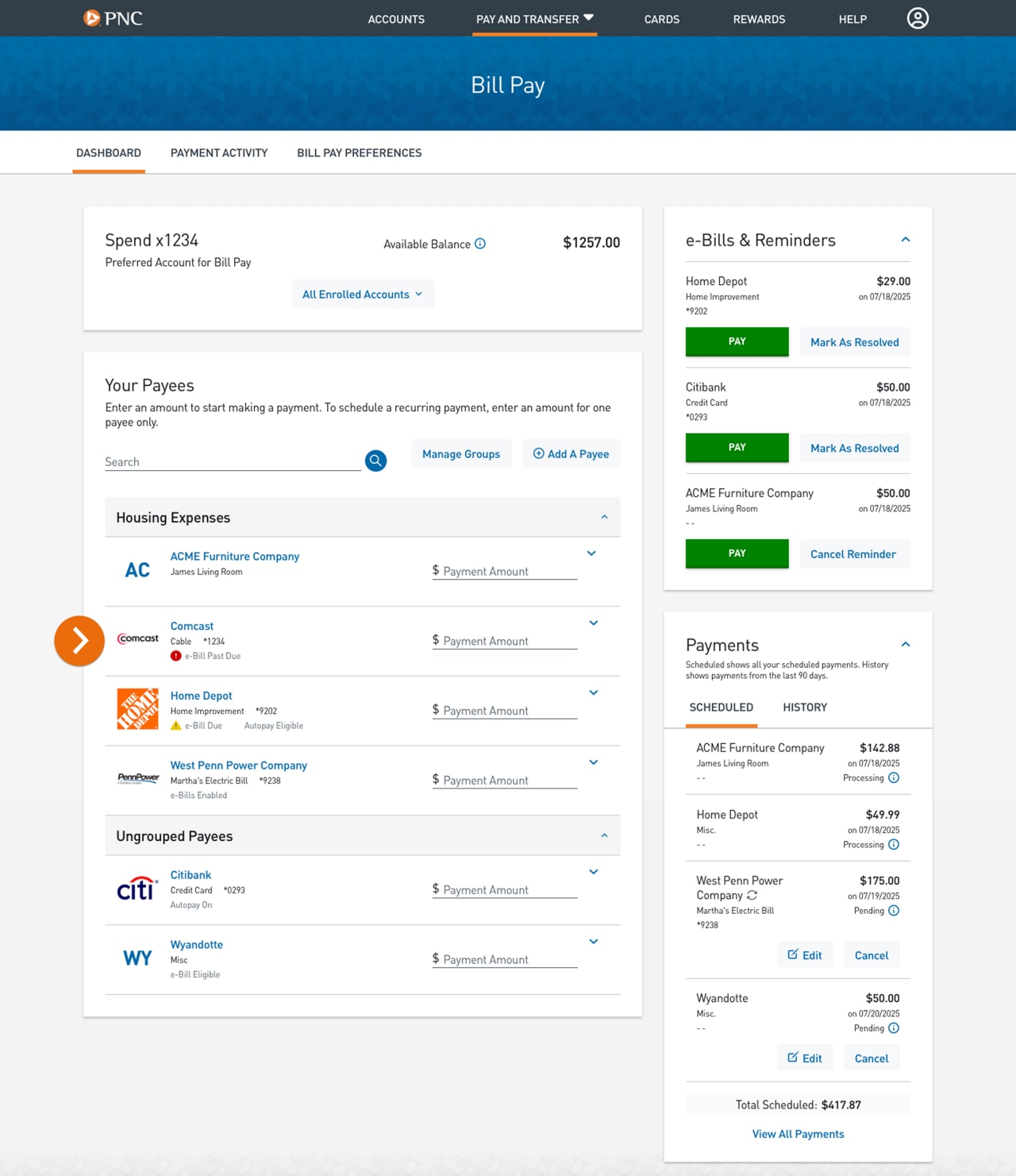  Screenshot of the Bill Pay Dashboard.​