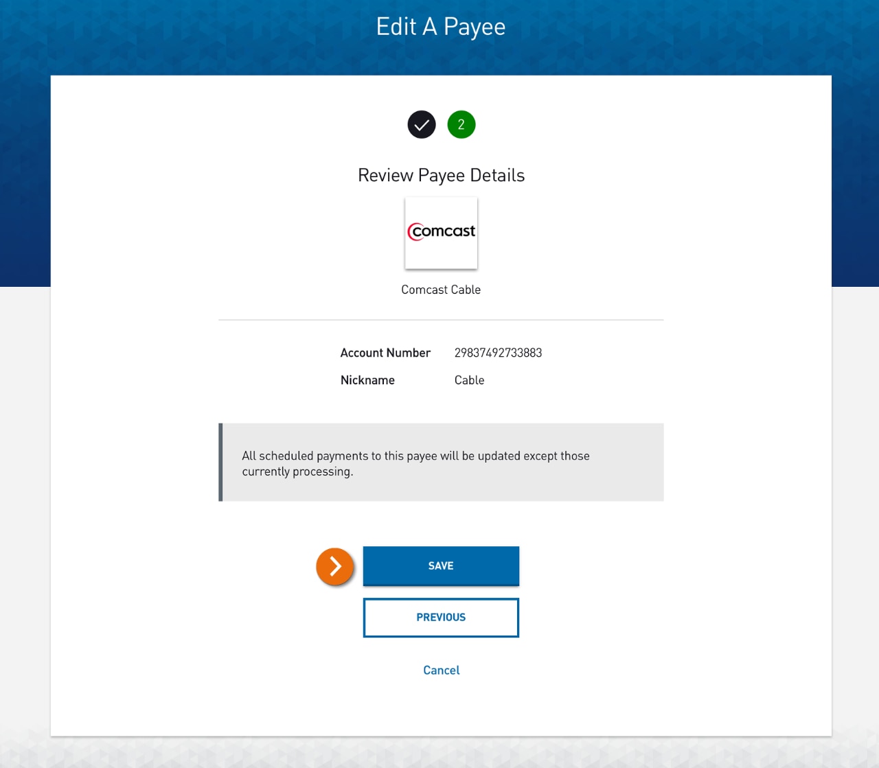 Screenshot of the Review Payee Details page.​