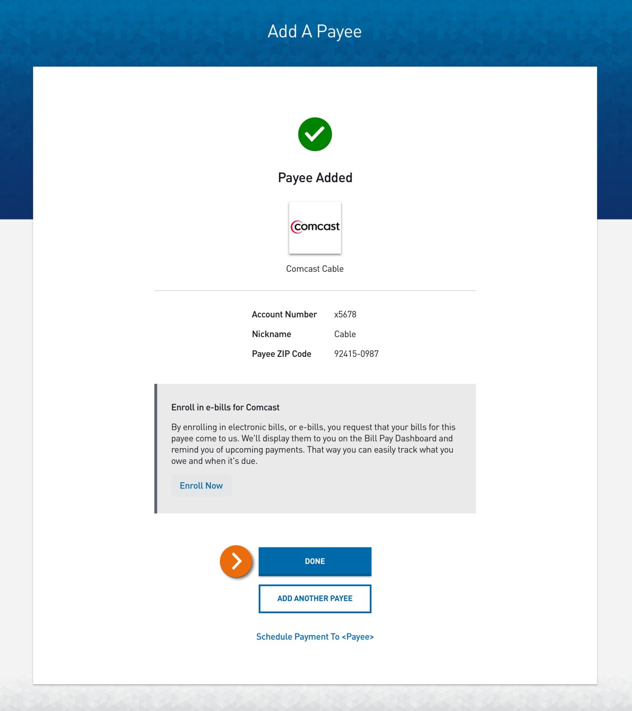 Screenshot of the Payee Added confirmation page.​