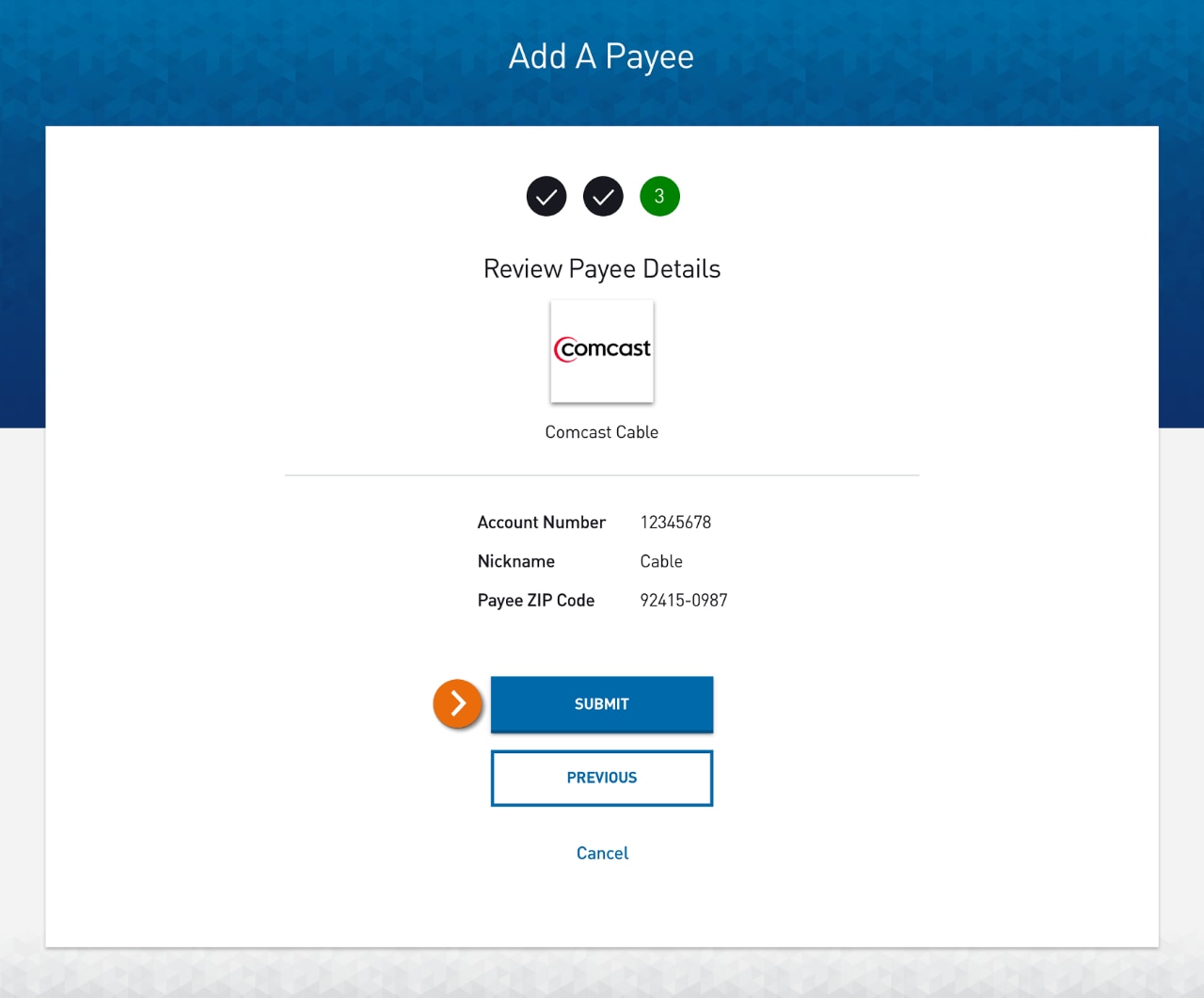 Screenshot of the Review Payee Details page.​