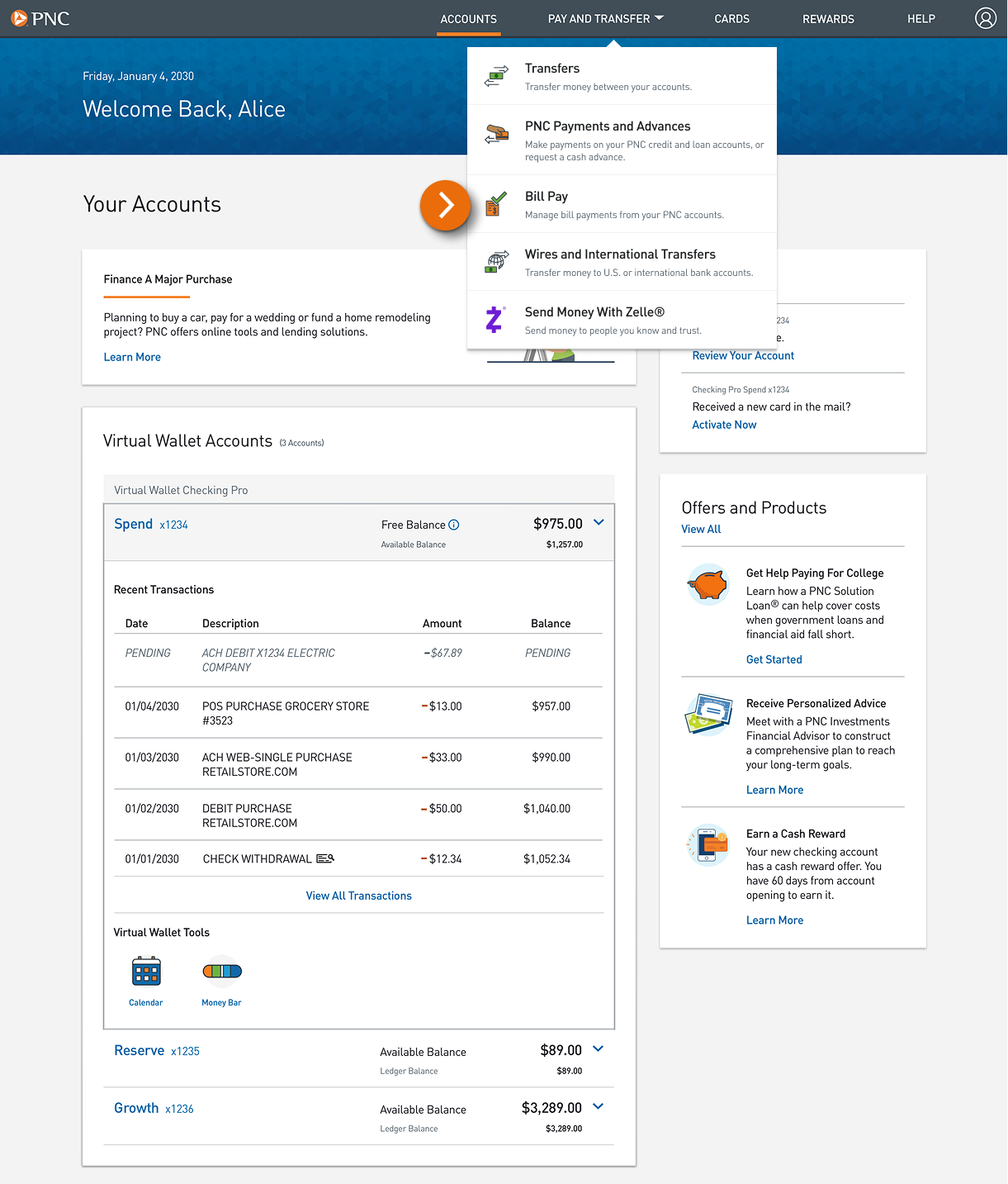 Screenshot of the extended Pay and Transfer menu.​