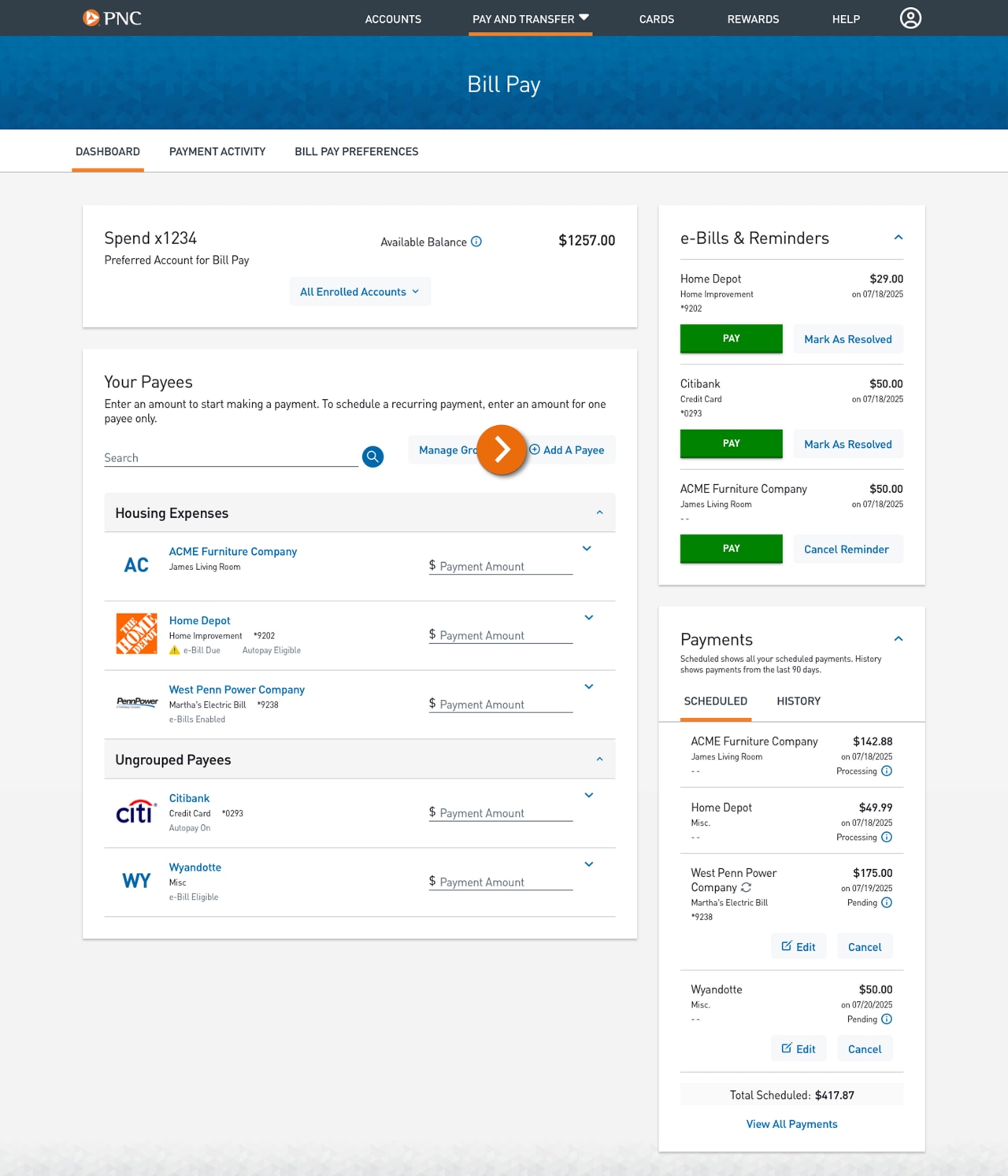 Screenshot of the Bill Pay Dashboard.​