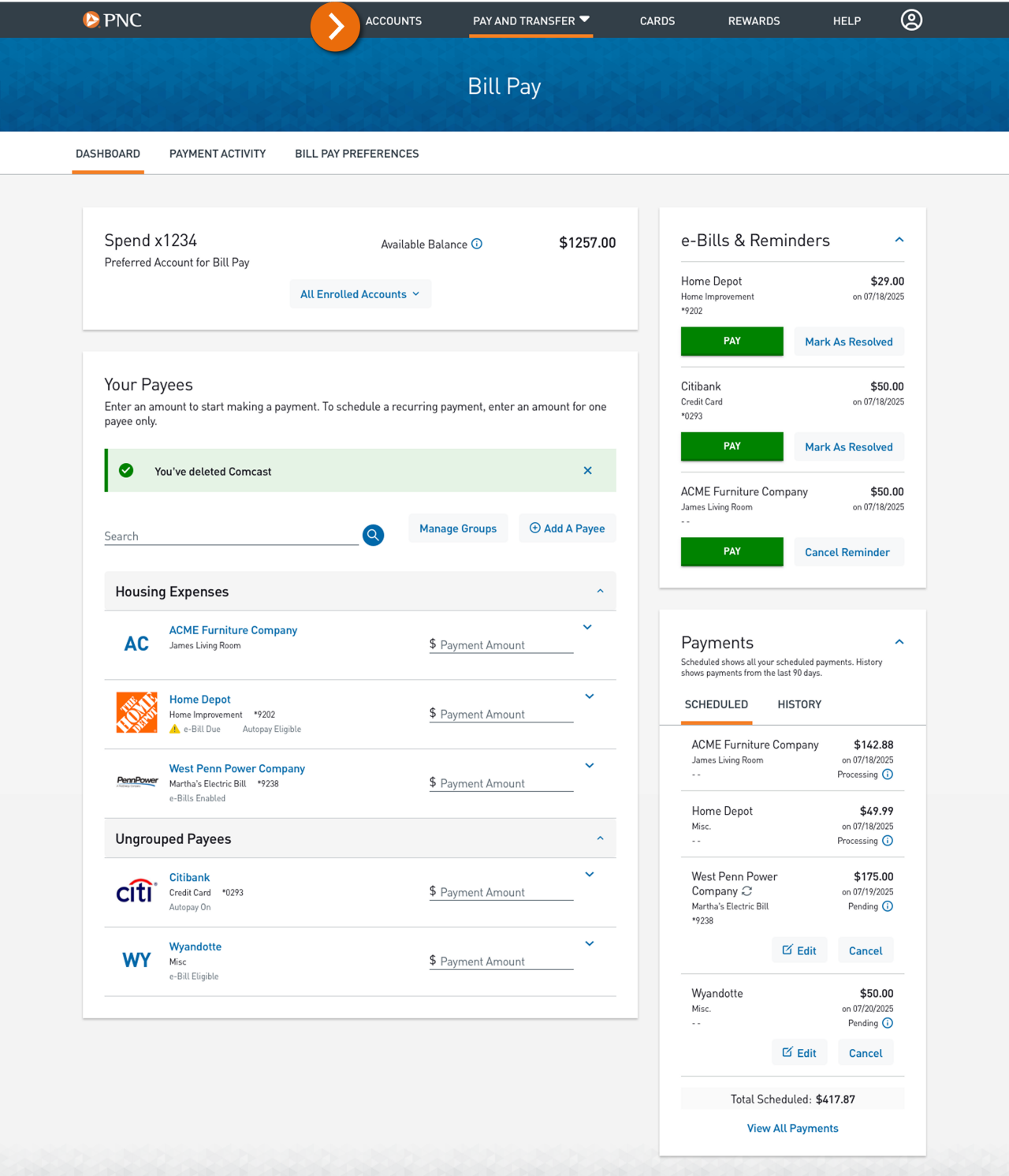  Screenshot of the Bill Pay Dashboard with a green notification confirming the payee has been deleted.​