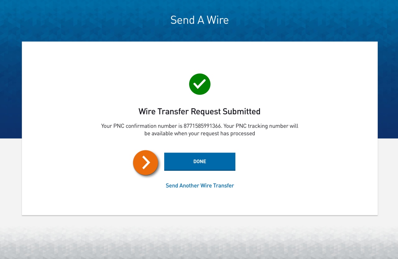 Screenshot of wire transfer request submitted page​