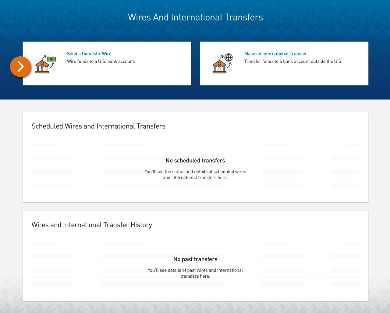 Screenshot of wires and international transfer activity page without any scheduled or past transfers.