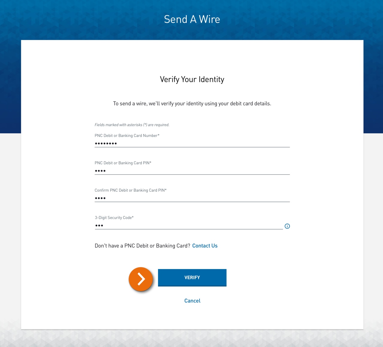 Verify Your Identity screen with fields for debit card information. ​