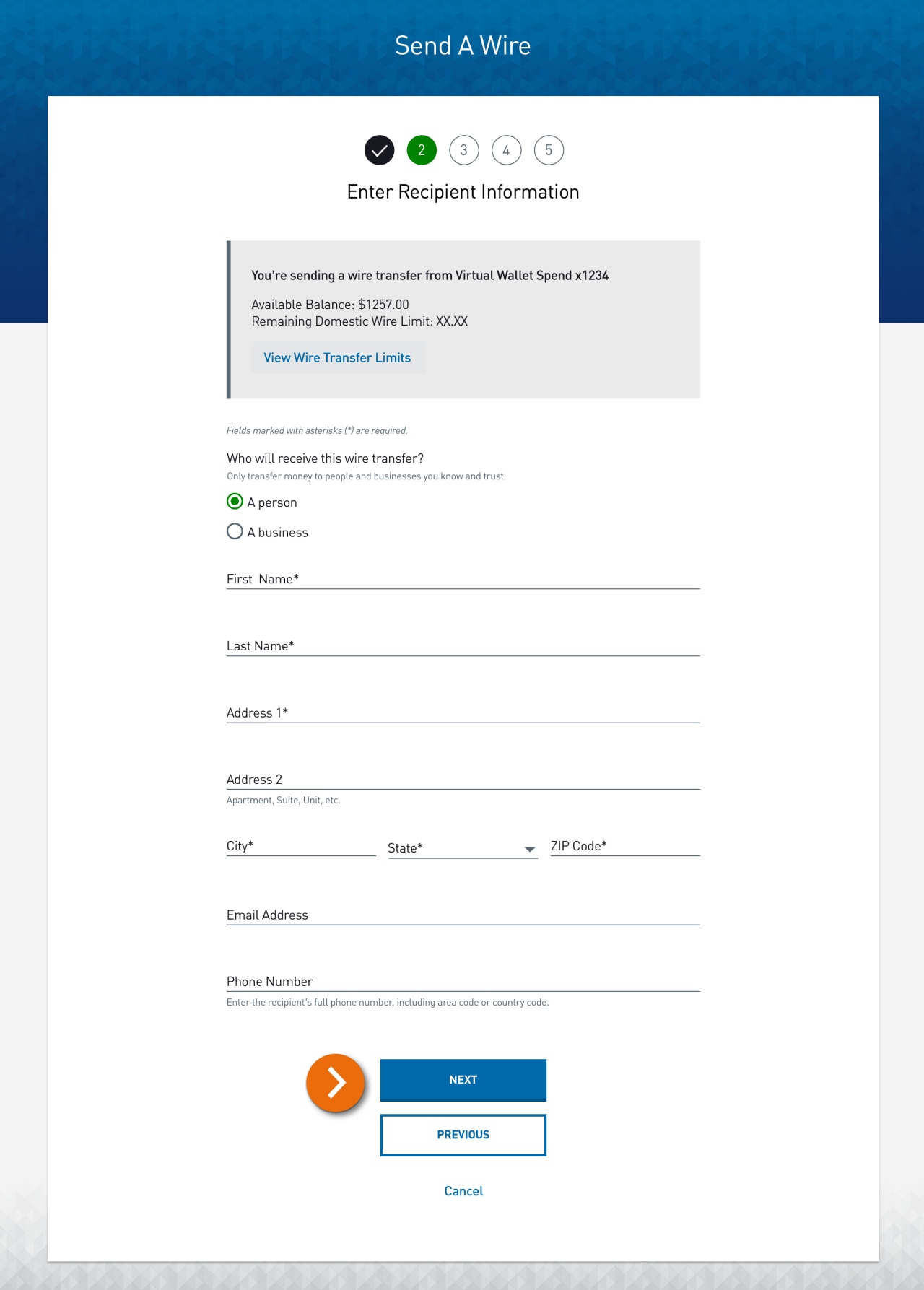 Screenshot of step 2 – Enter Recipient Information page​