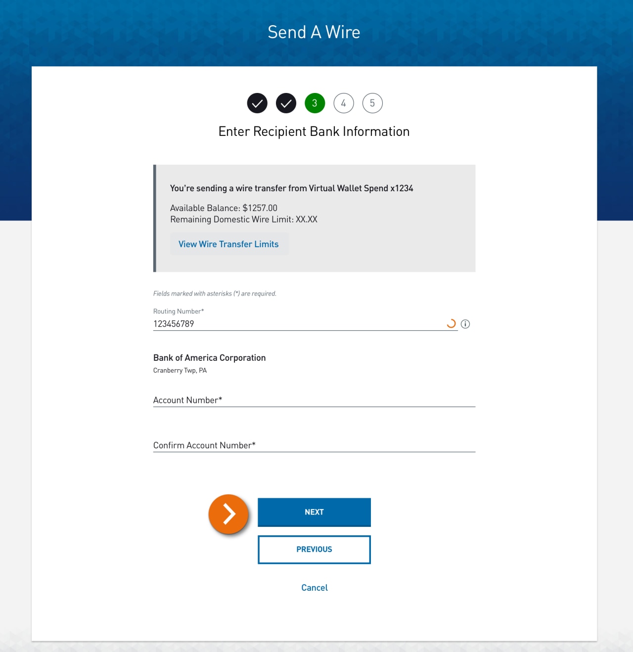 Screenshot of Step 3 – Enter Recipient Bank Information page.​
