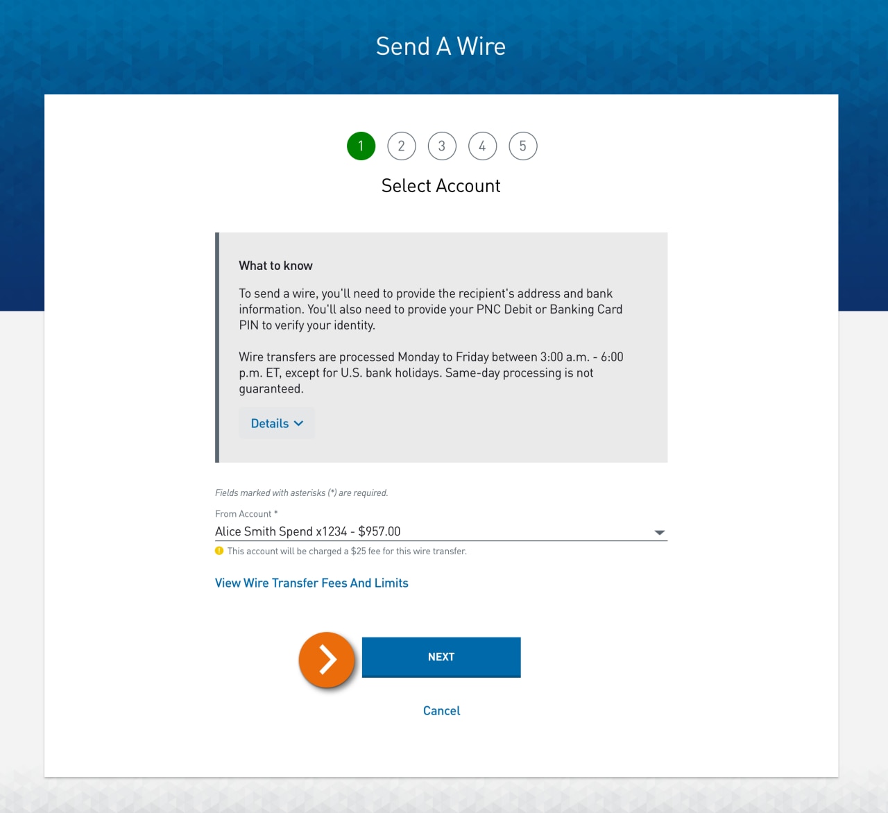 Screenshot of step 1 – Select Account page with Additional Wire Transfer Details popup open. ​
