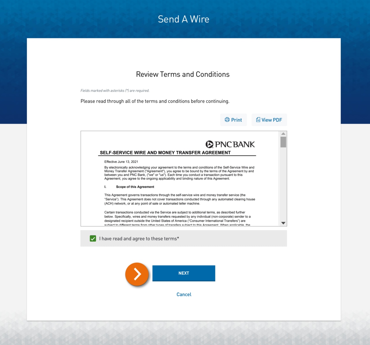 Screenshot of the Wire Transfer Agreement page. ​