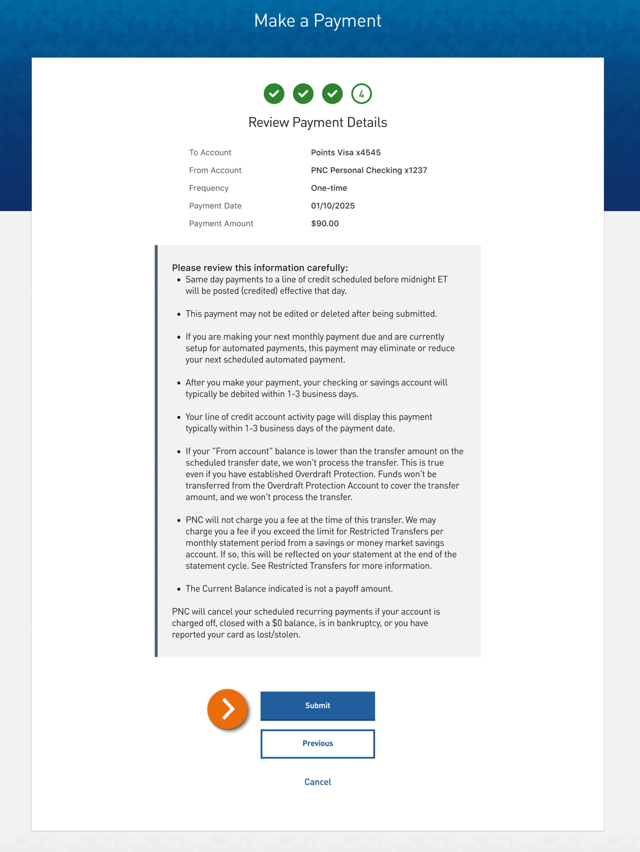 Screenshot of Step 4 of the Make A Payment experience