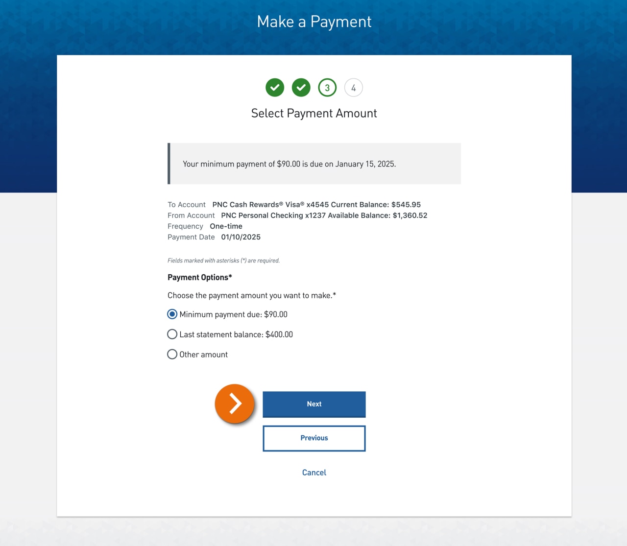 Screenshot of Step 3 of the Make A Payment experience