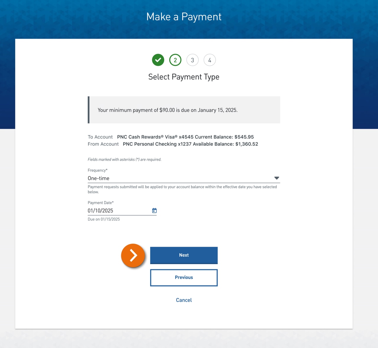 Screenshot of Step 2 of the Make A Payment experience