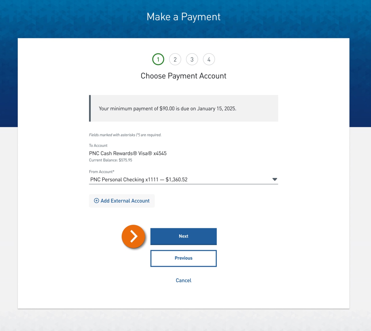 Screenshot of Step 1 of the Make A Payment experience