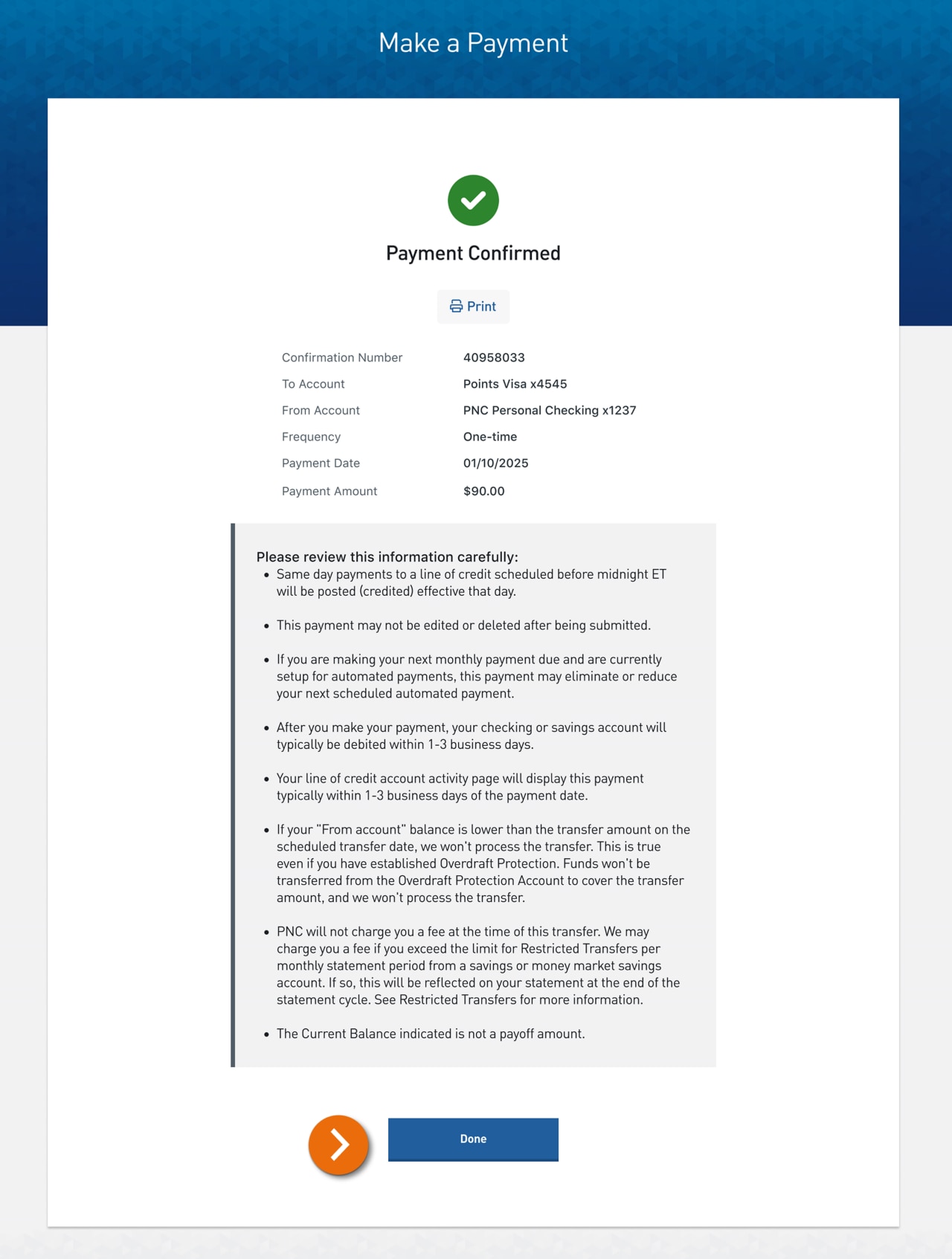 Screenshot of the payment confirmation screen in the Make A Payment experience