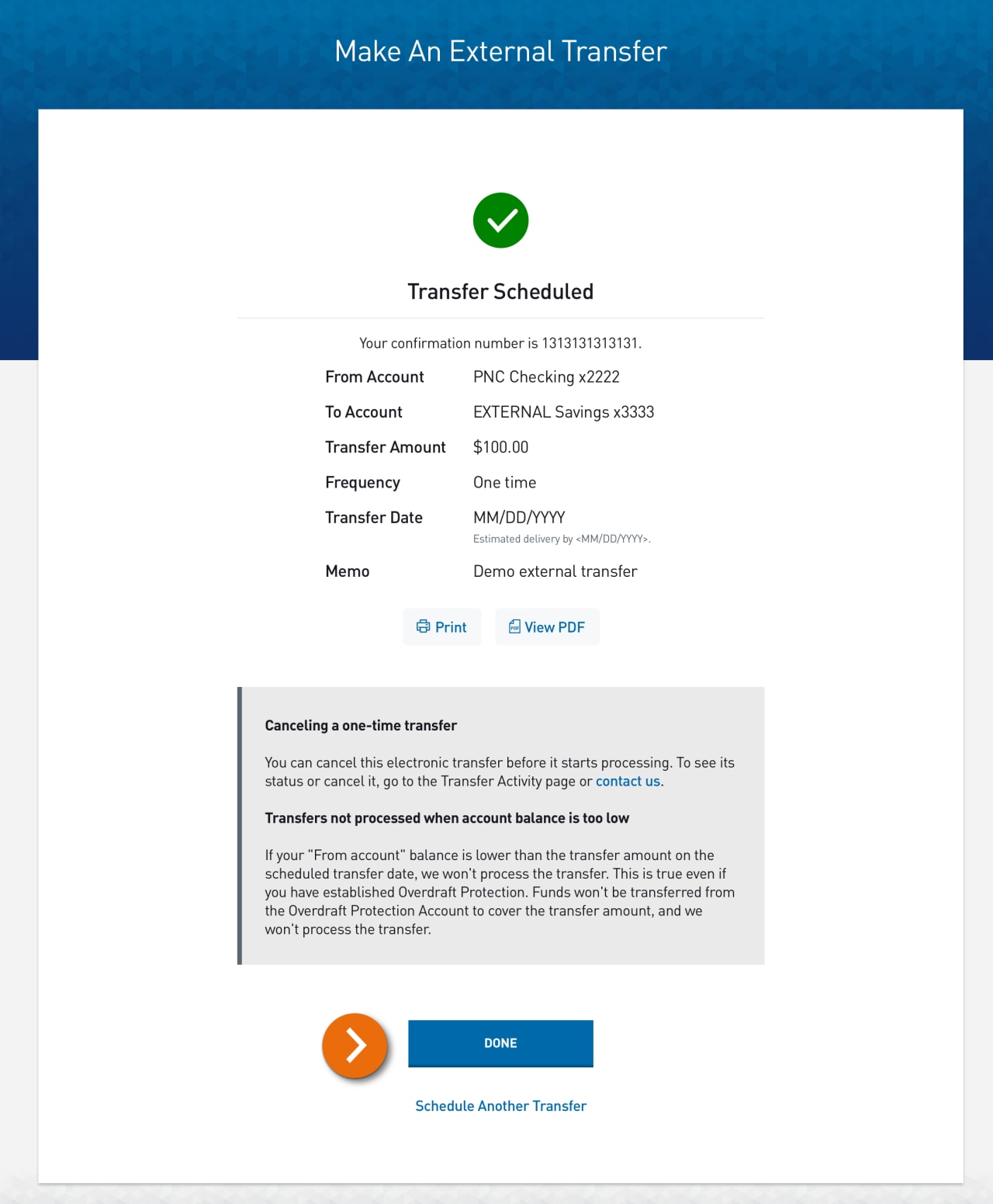 Screenshot of Make an External Transfer – Confirmation screen.
