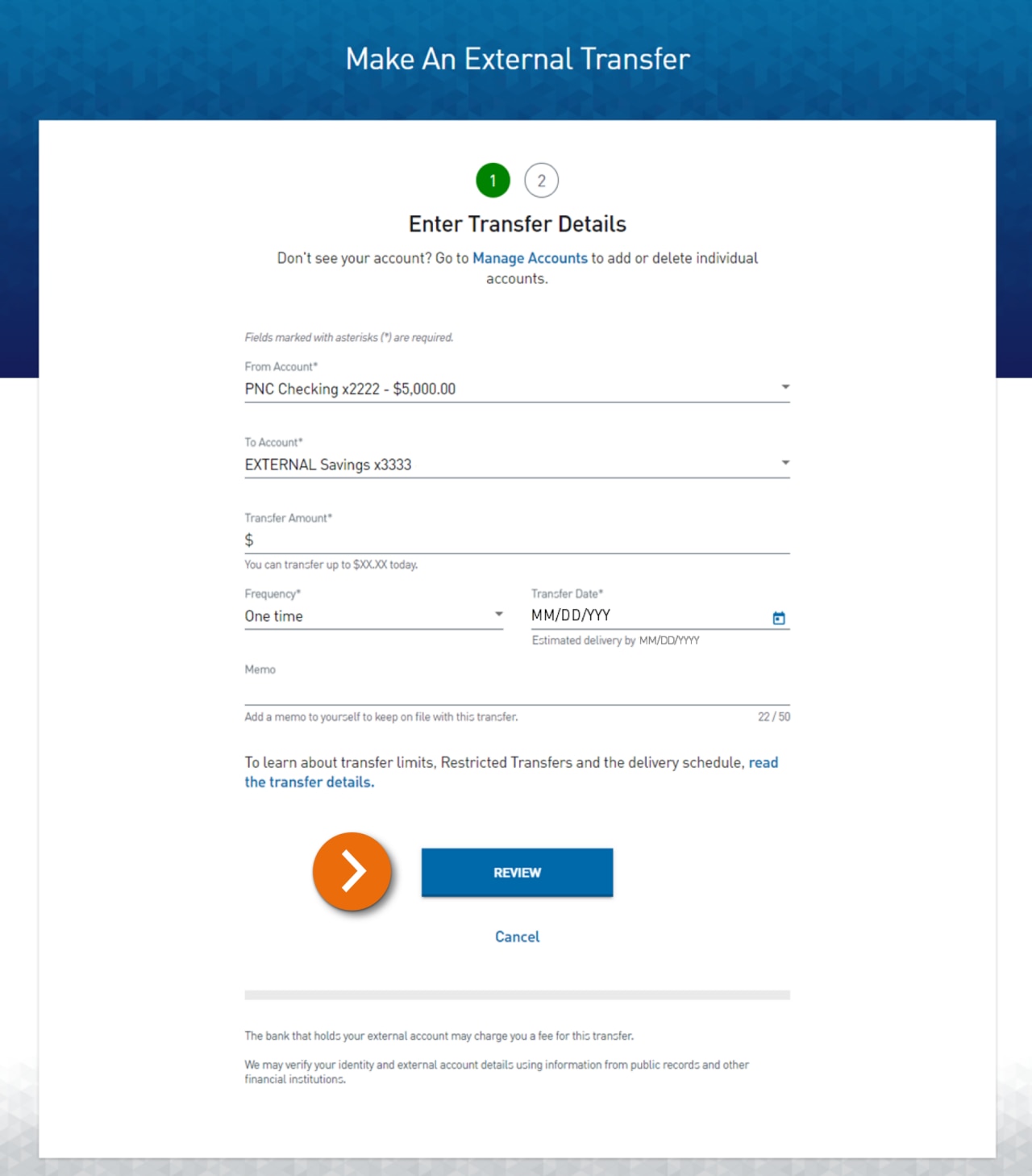 : Screenshot of Make an External Transfer Step 1 – Enter Transfer Details. 
