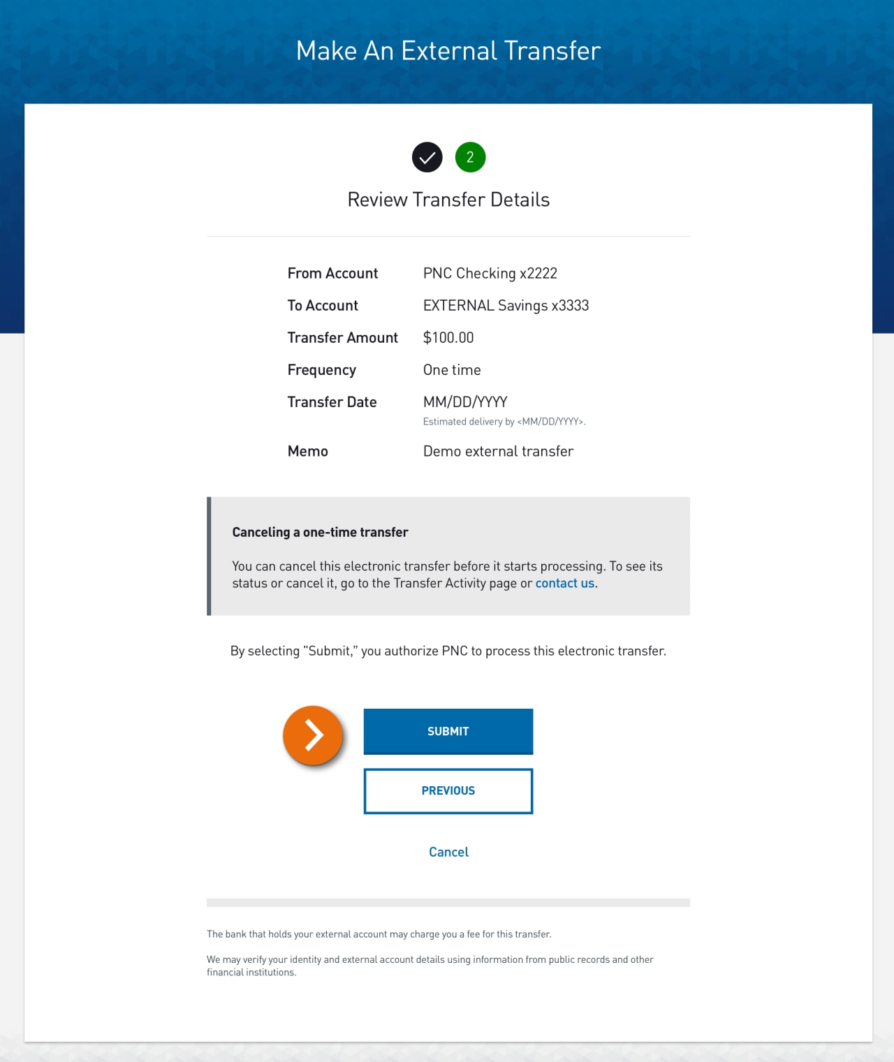 Screenshot of Make an External Transfer Step 2 – Review Transfer Details.  