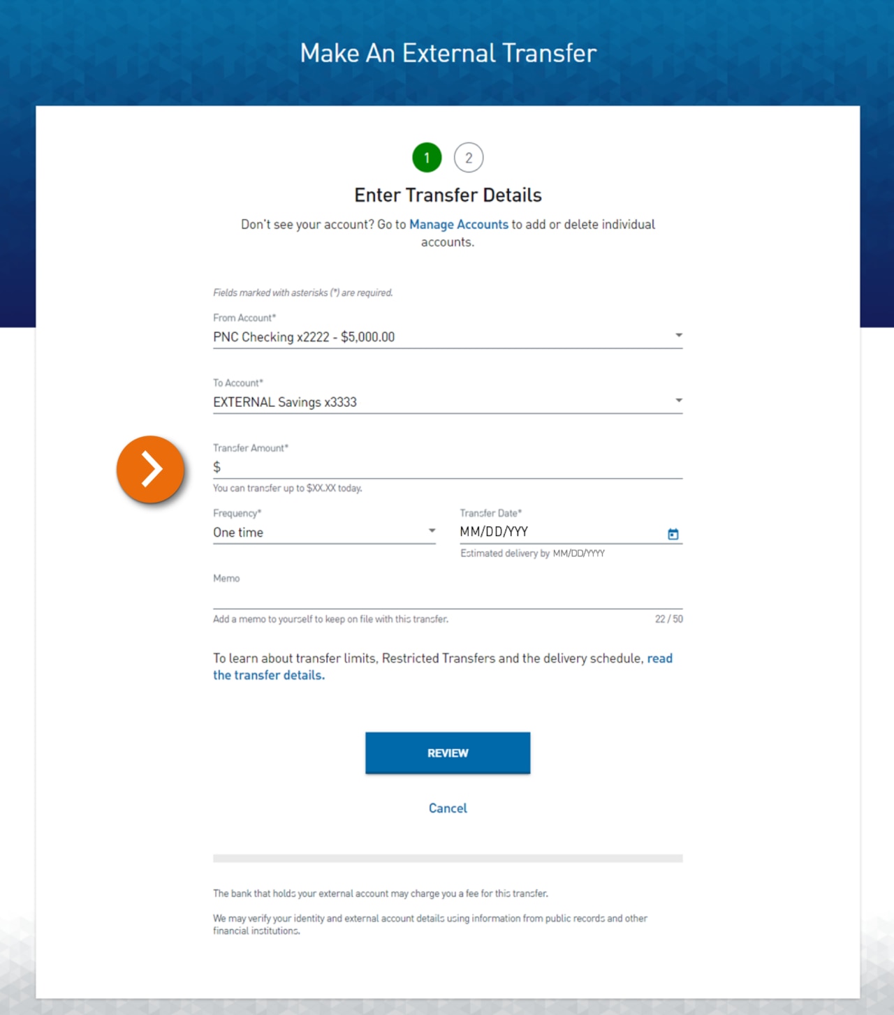 Screenshot of Make an External Transfer Step 1 – Enter Transfer Details. The Transfer Amount field is highlighted, as well as a link to the transfer details.​