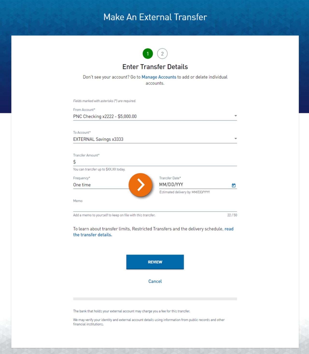 Screenshot of Make an External Transfer Step 1 – Enter Transfer Details. 