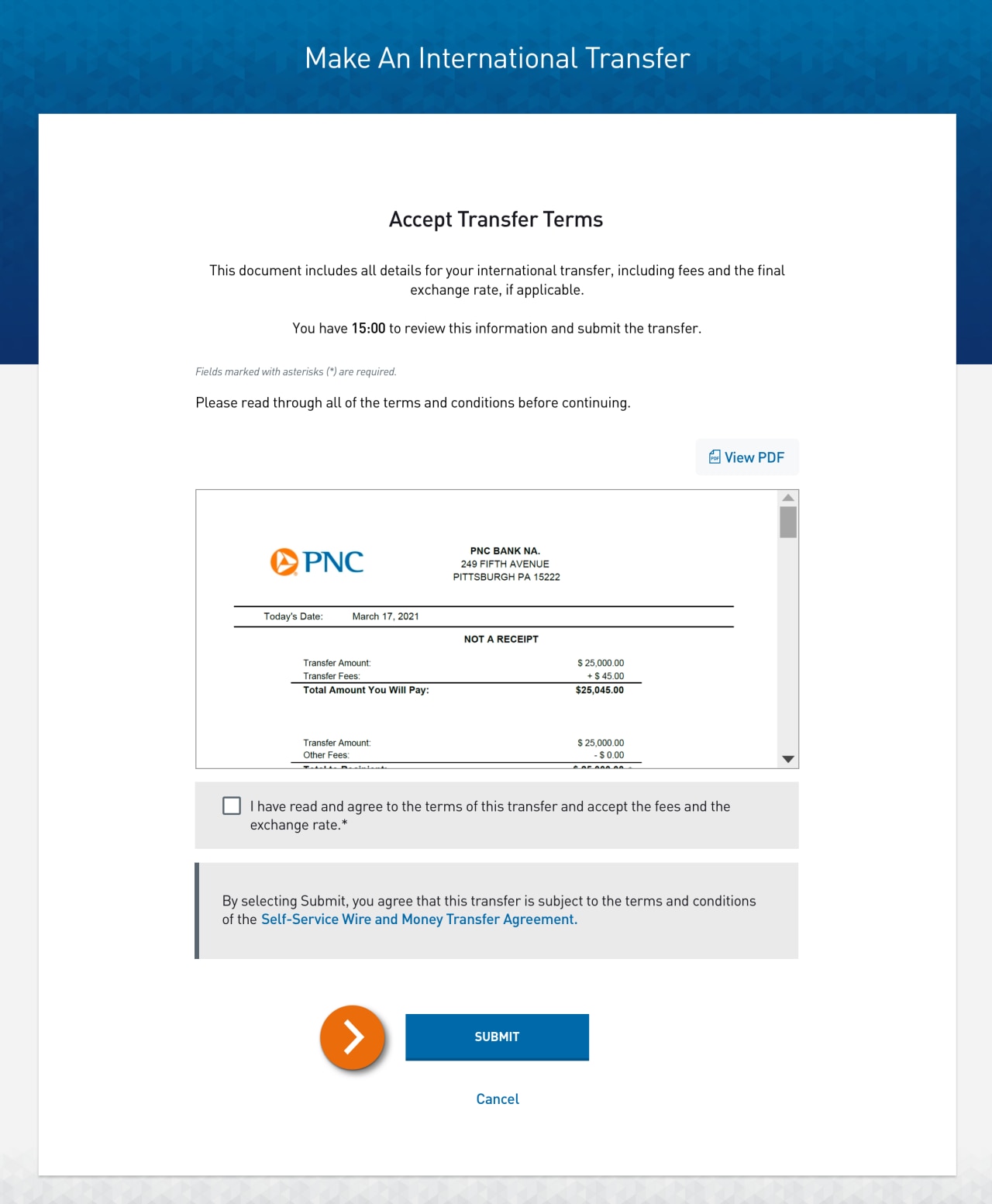 Screenshot of Accept Transfer Terms page