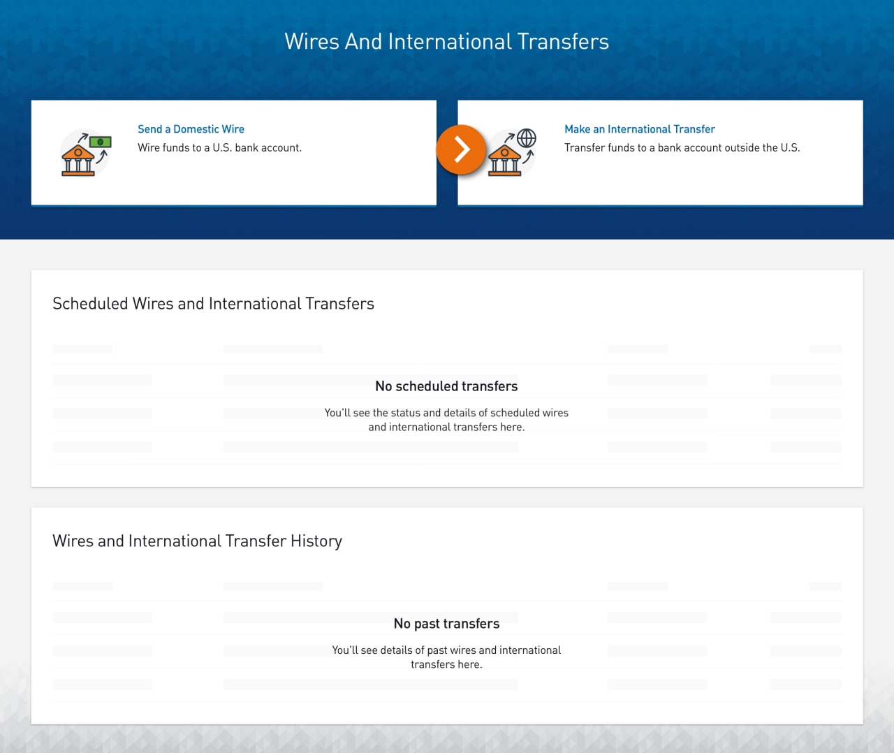 Screenshot of wires and international transfer activity page without any scheduled or past transfers.