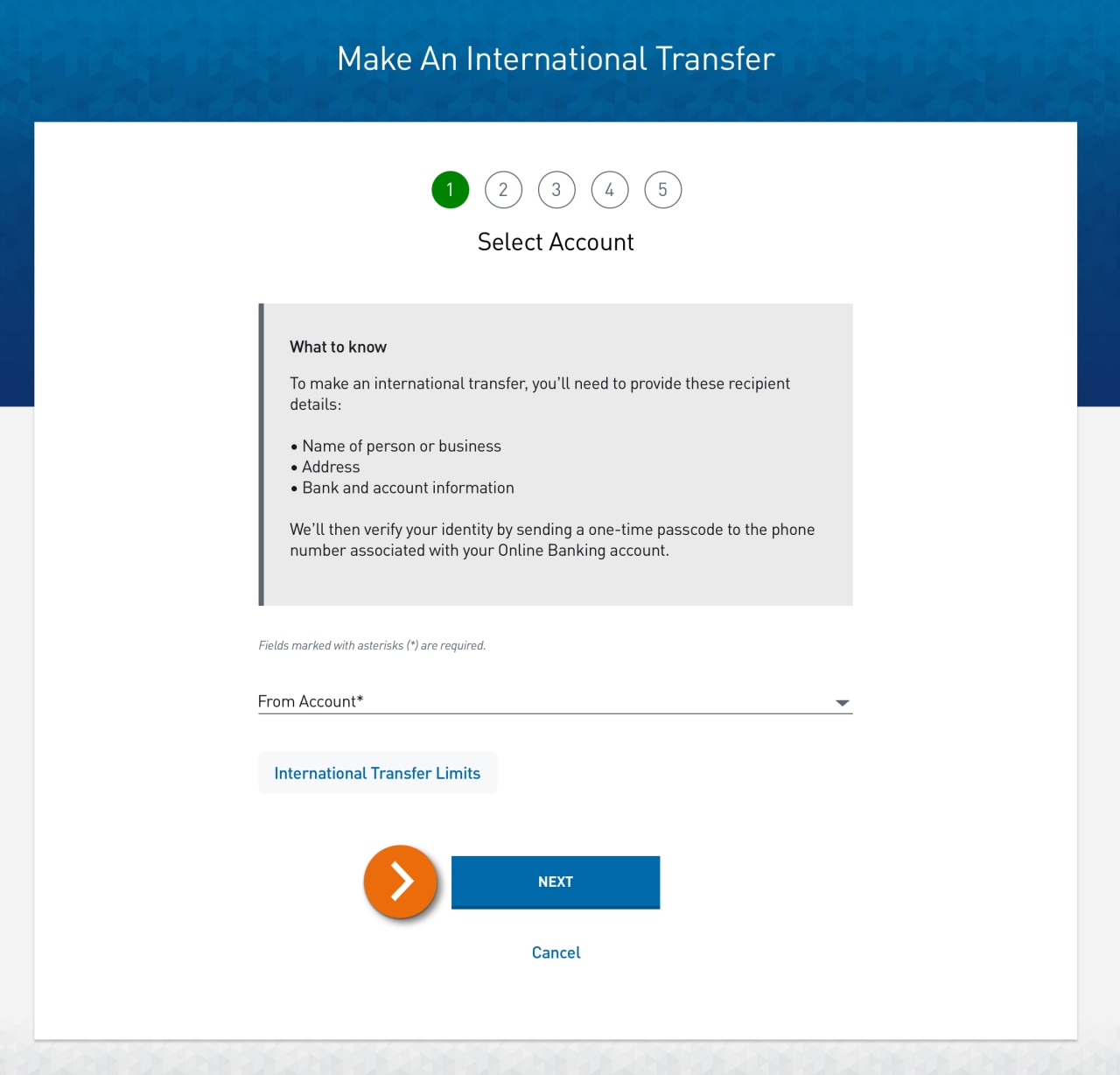 Screenshot of step 1 – Select Account page with Additional Wire Transfer Details popup open. ​