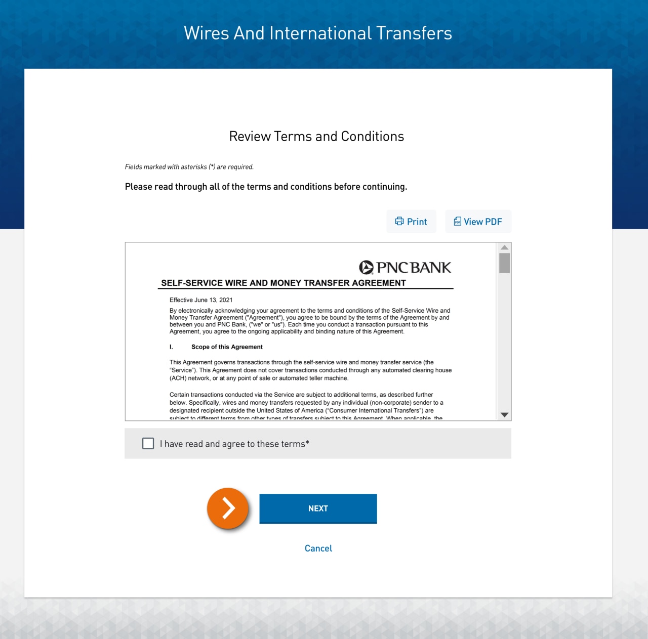 Screenshot of the Wire Transfer Agreement page. ​