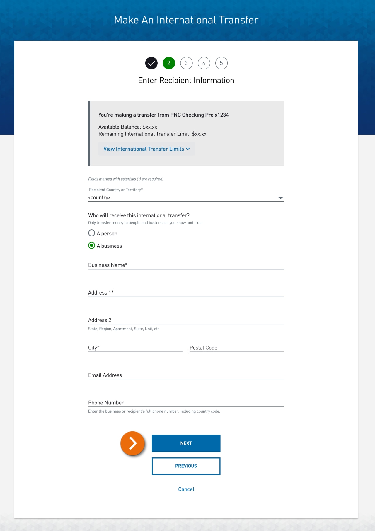 Screenshot of step 2 – Enter Recipient Information page​