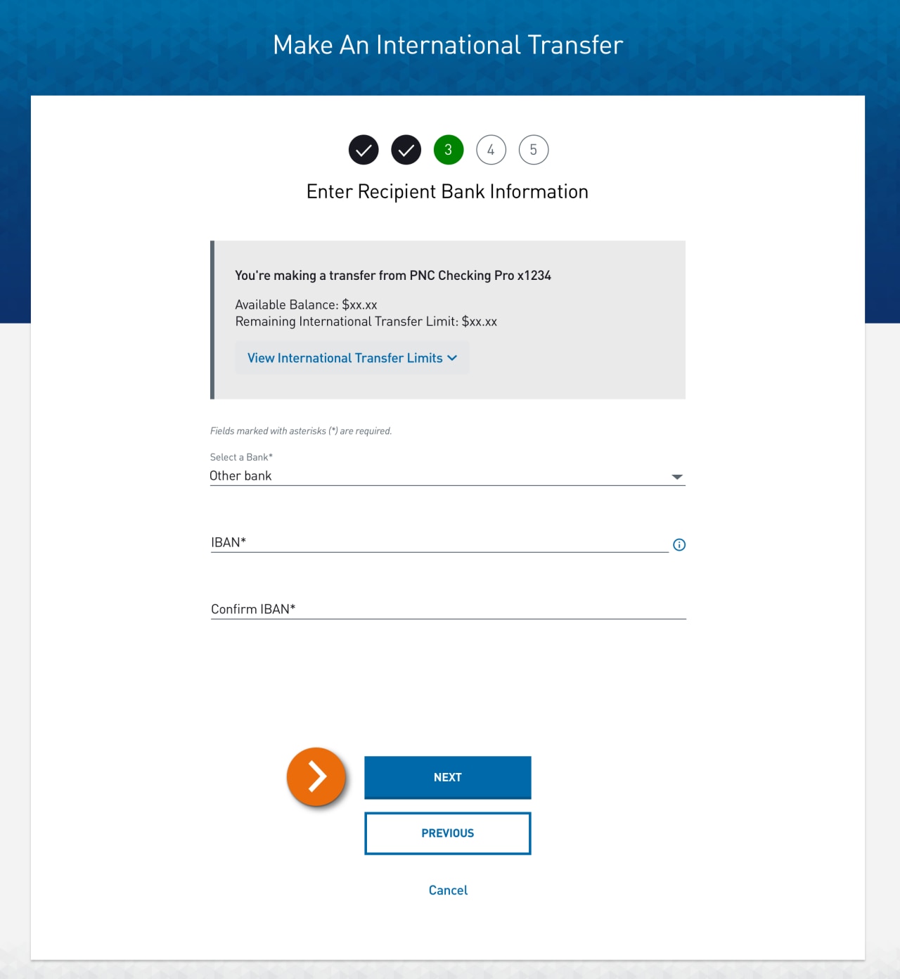 Screenshot of Step 3 – Enter Recipient Bank Information page.​