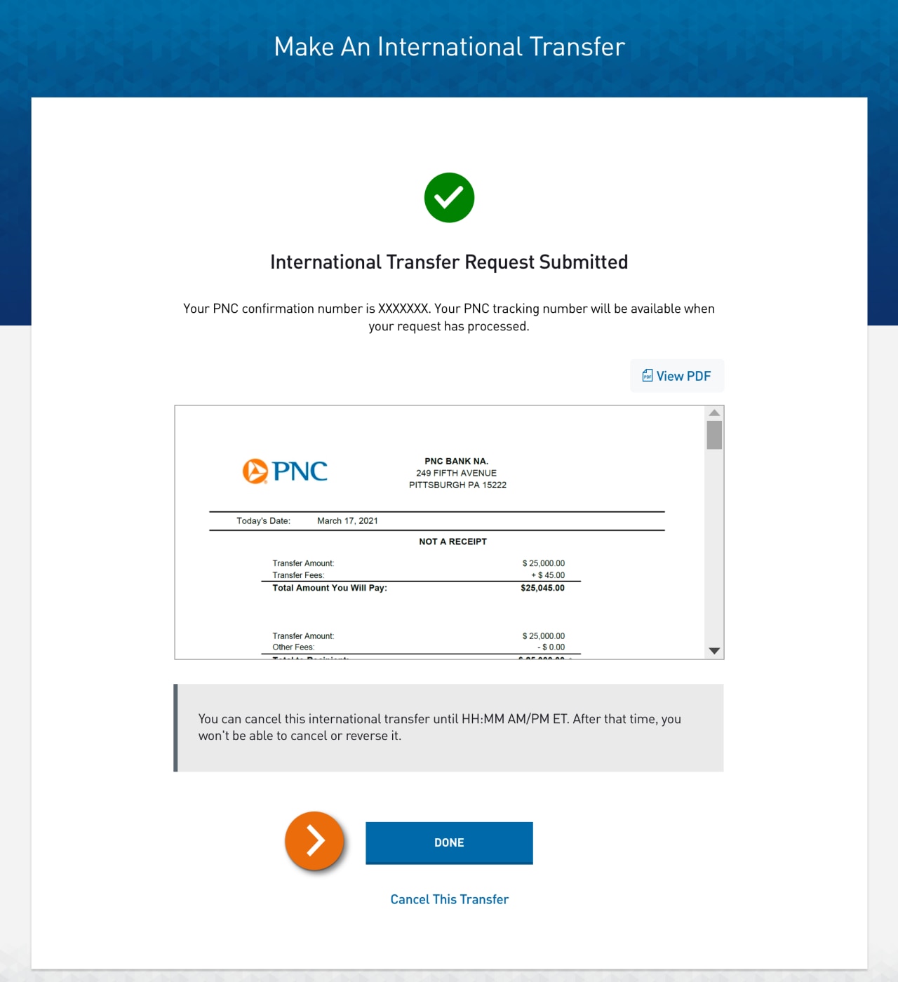 Screenshot of wire transfer request submitted page​