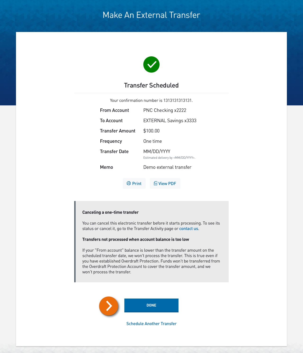 Screenshot of Make an External Transfer – Confirmation screen.