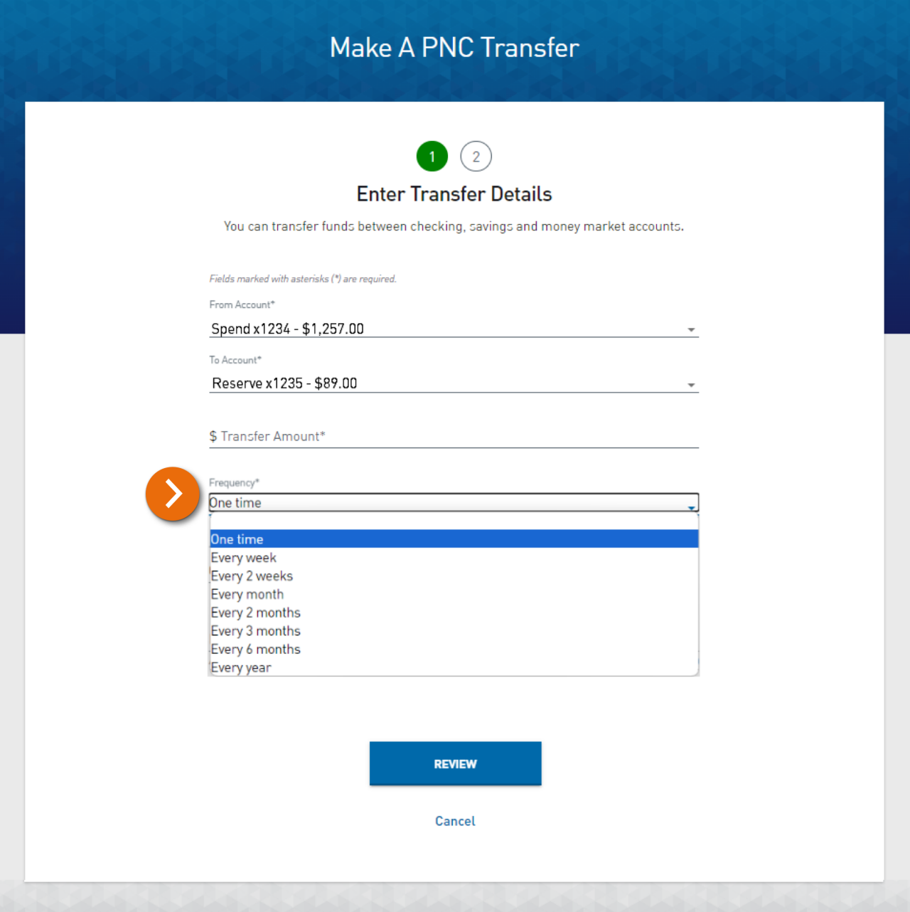 Screenshot of Make A PNC Transfer Step 1 – Enter Transfer Details. The Frequency dropdown menu is selected, showing these options: one time, every week, every 2 weeks, every month, every 2 months, every 3 months, every 6 months and every year.