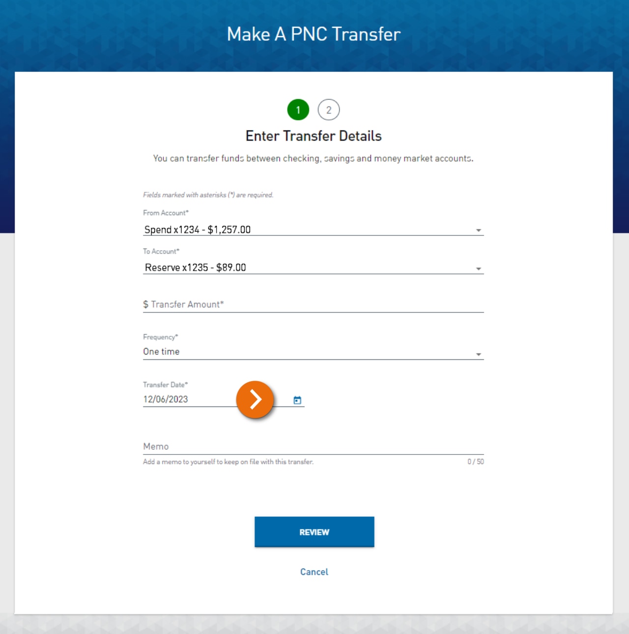 Screenshot of Make A PNC Transfer Step 1 – Enter Transfer Details. The Transfer Date field is highlighted and the date picker is displayed.