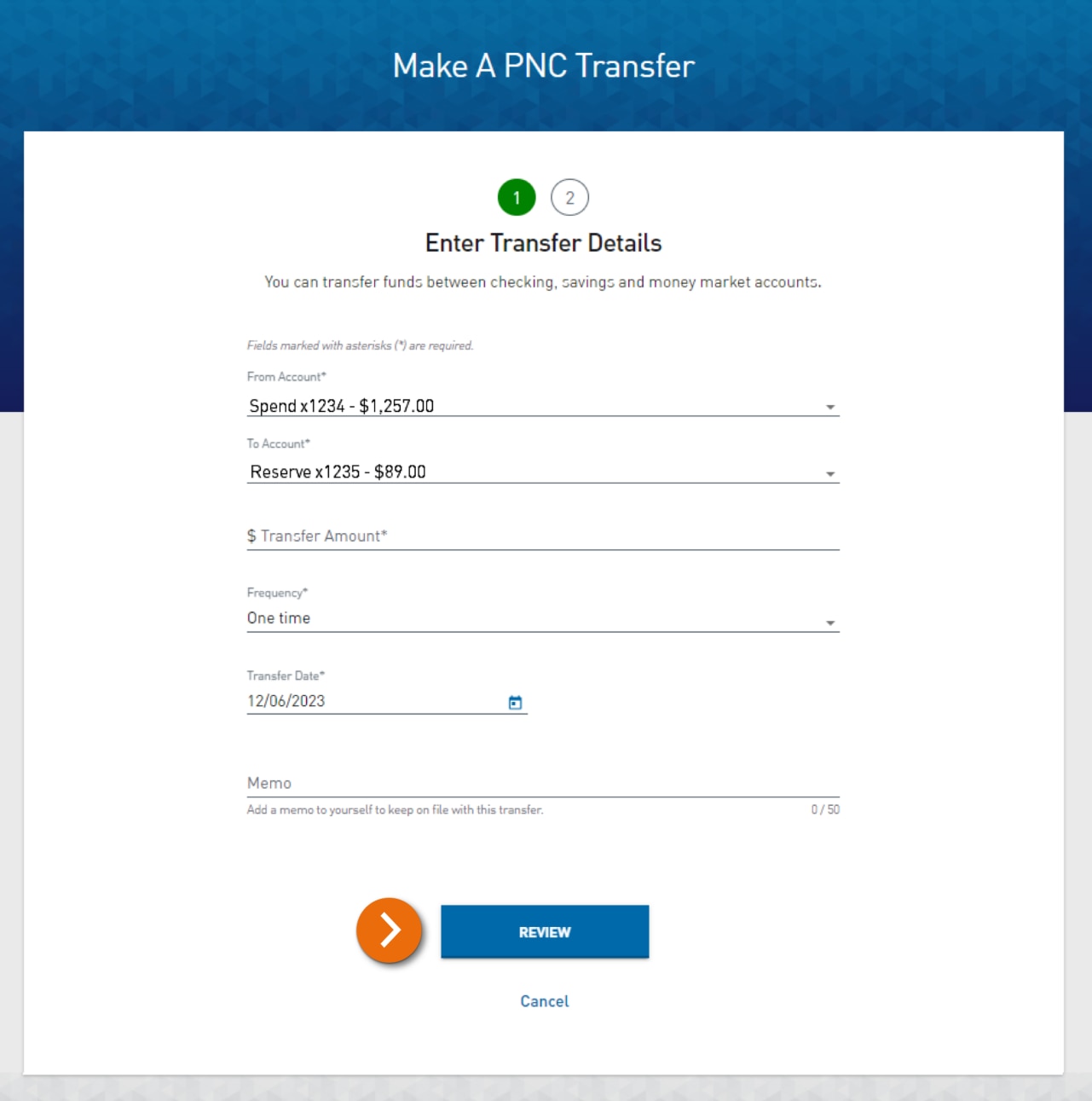 Screenshot of Make A PNC Transfer Step 1 – Enter Transfer Details. The Memo field and Review button are highlighted.