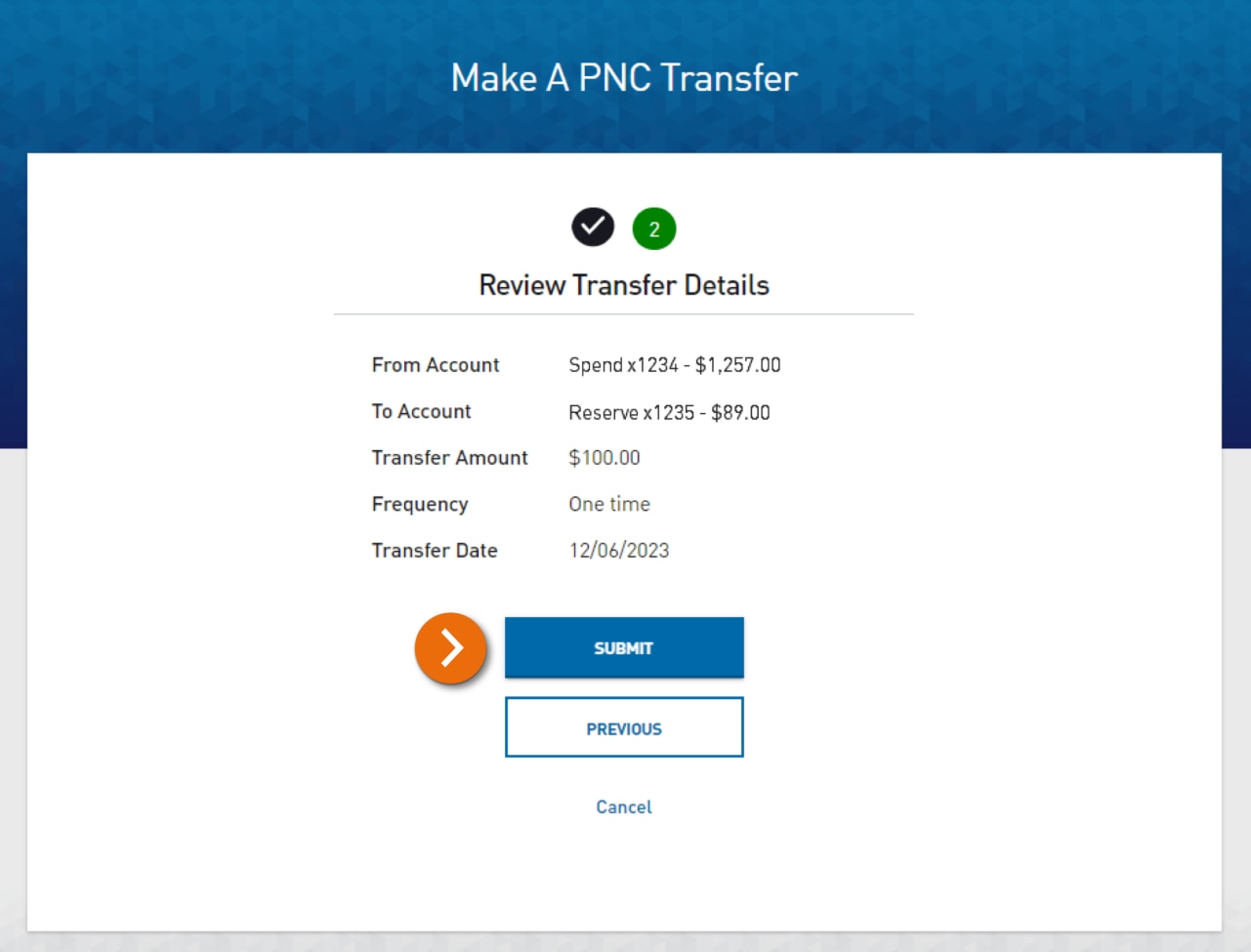 Screenshot of Make A PNC Transfer Step 2 – Review Transfer Details. 