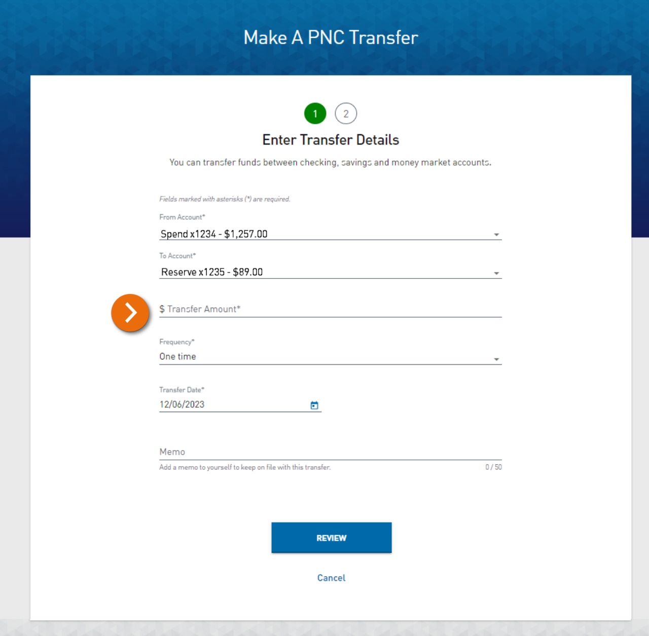 Screenshot of Make a PNC Transfer Step 1 – Enter Transfer Details. The Transfer Amount field is highlighted.