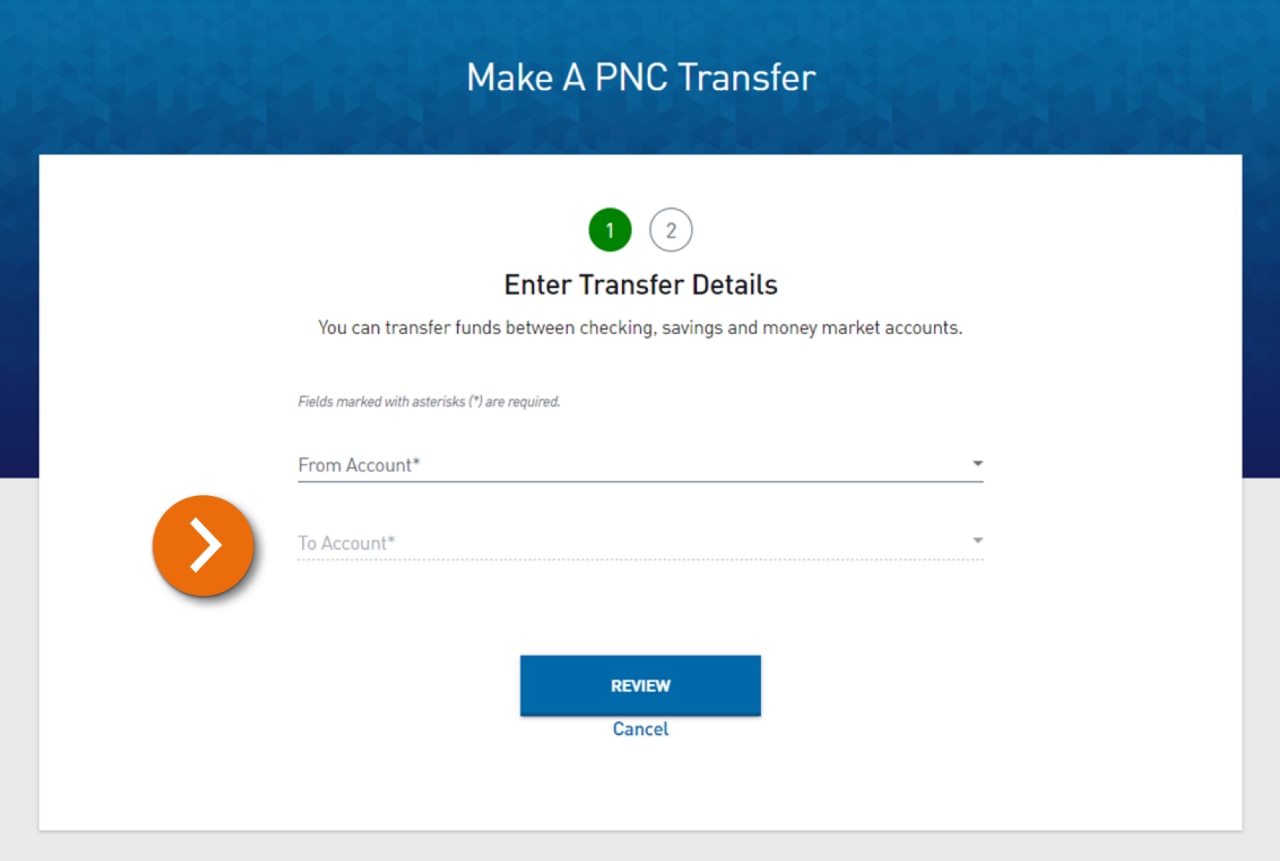 Screenshot of Make A PNC Transfer Step 1 – Enter Transfer Details. The From Account and To Account fields are highlighted.
