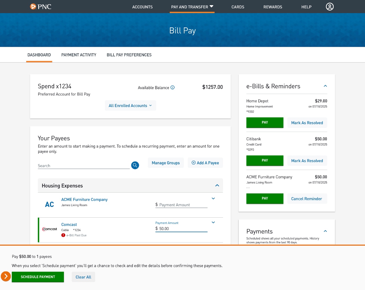 Screenshot of the Bill Pay Dashboard showing the Schedule Payment footer.​