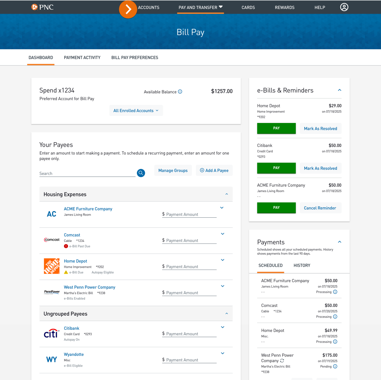  Screenshot of the Bill Pay Dashboard.​